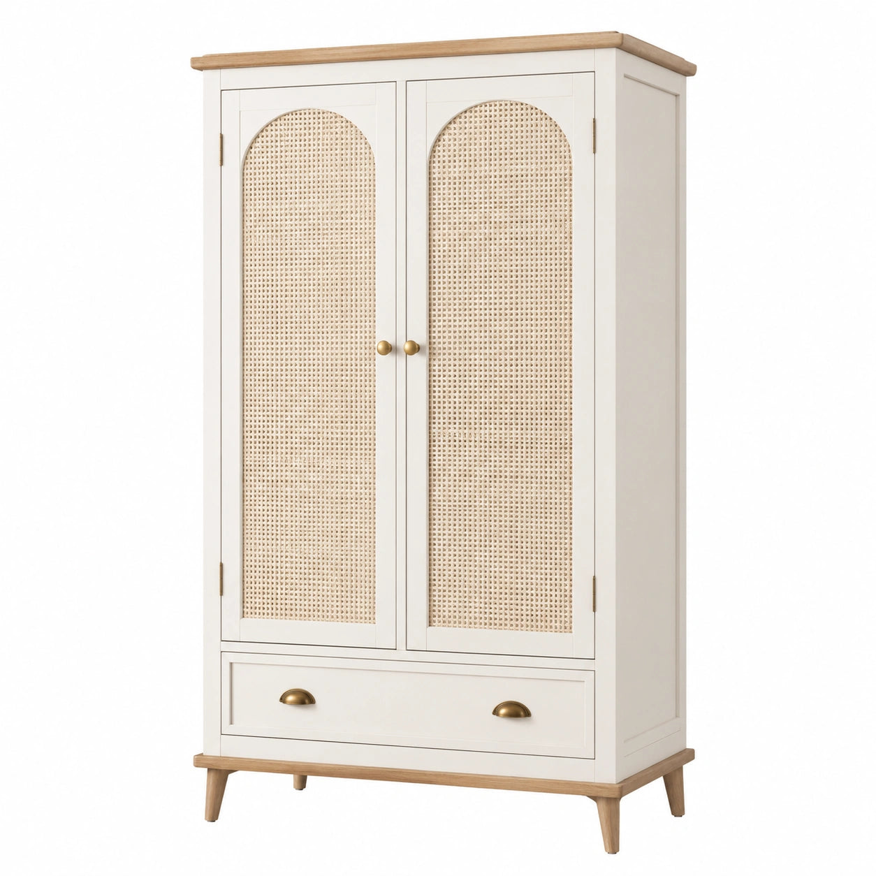 Armadio in Legno Massello e Rattan con Cassetto Bianco
