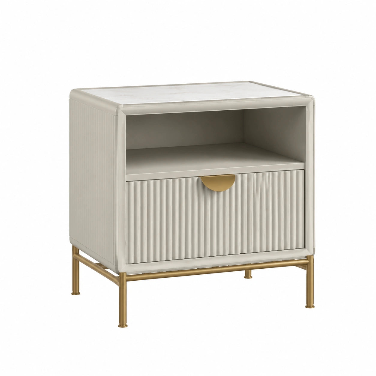 Comodino rettangolare in legno e metallo con finitura dorata 40x55x35 cm beige