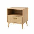 Comodino in legno e rattan con gambe in metallo, 50x40x60 cm