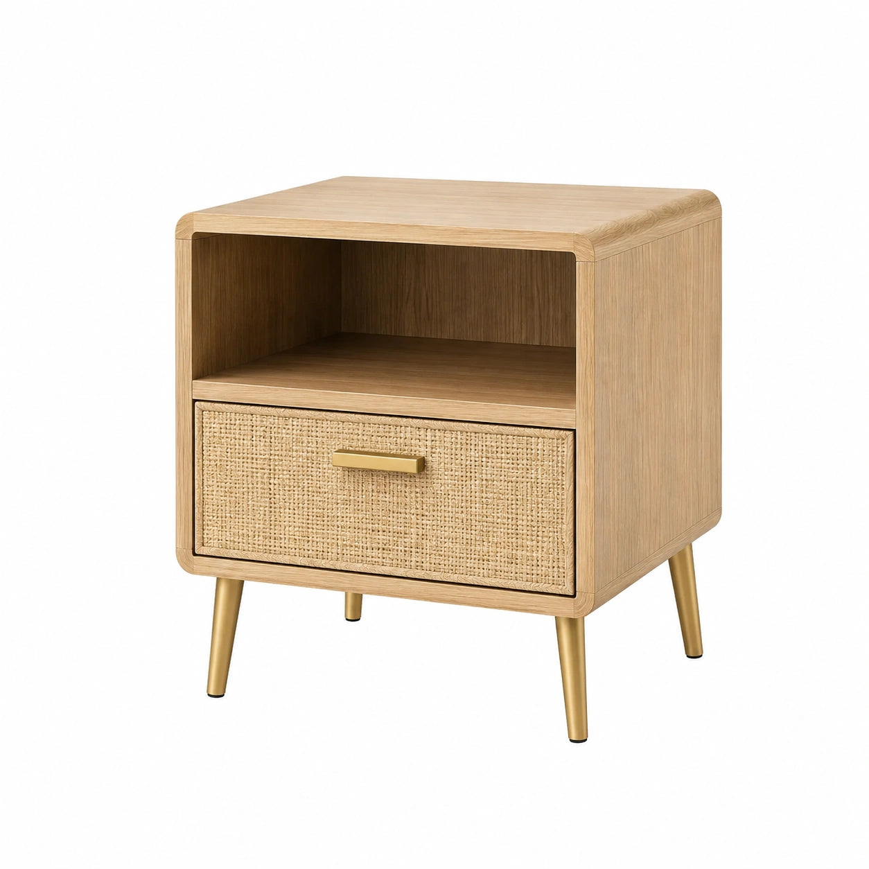 Comodino in legno e rattan con gambe in metallo, 50x40x60 cm