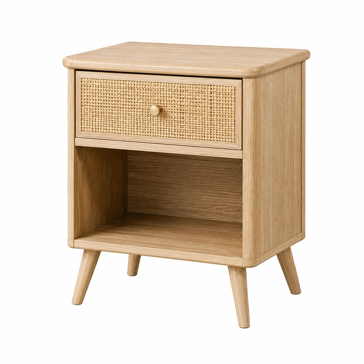 Comodino in Legno di Quercia e Rattan con Ripiano Aperto