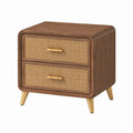 Comodino in legno con cassetti in rattan e gambe in metallo dorato