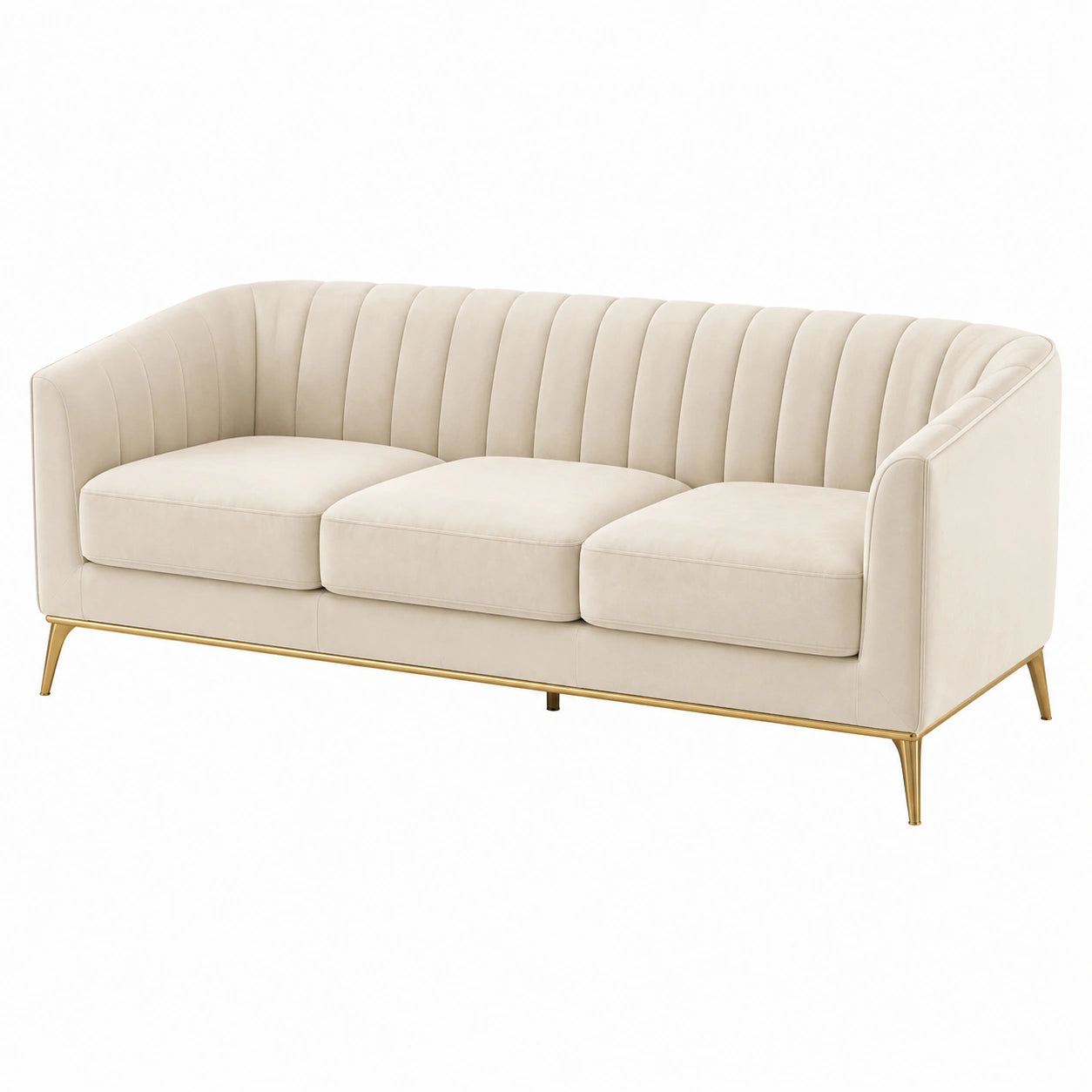 Divano 3 posti in velluto beige con gambe in metallo dorato