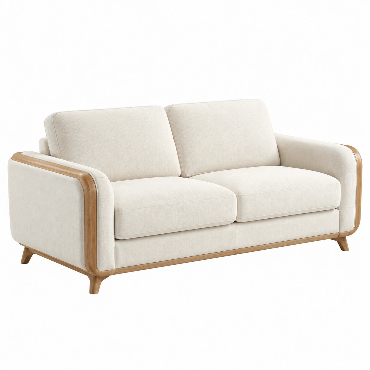 Divano in tessuto beige con struttura in legno massello
