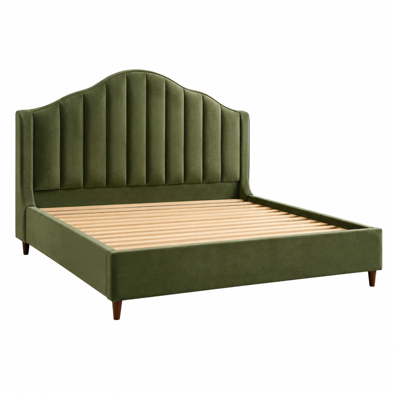 Letto matrimoniale in velluto verde con testiera curva e gambe in legno