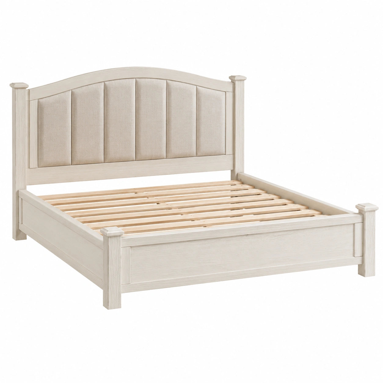 Letto matrimoniale in legno con testiera imbottita in tessuto beige 200 cm x 160 cm