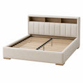 Letto matrimoniale in legno e tessuto con scomparti beige