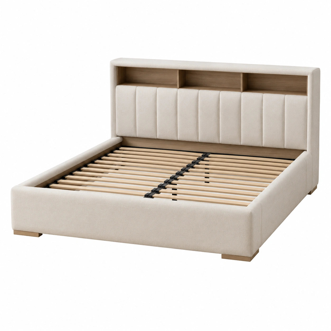 Letto matrimoniale in legno e tessuto con scomparti beige