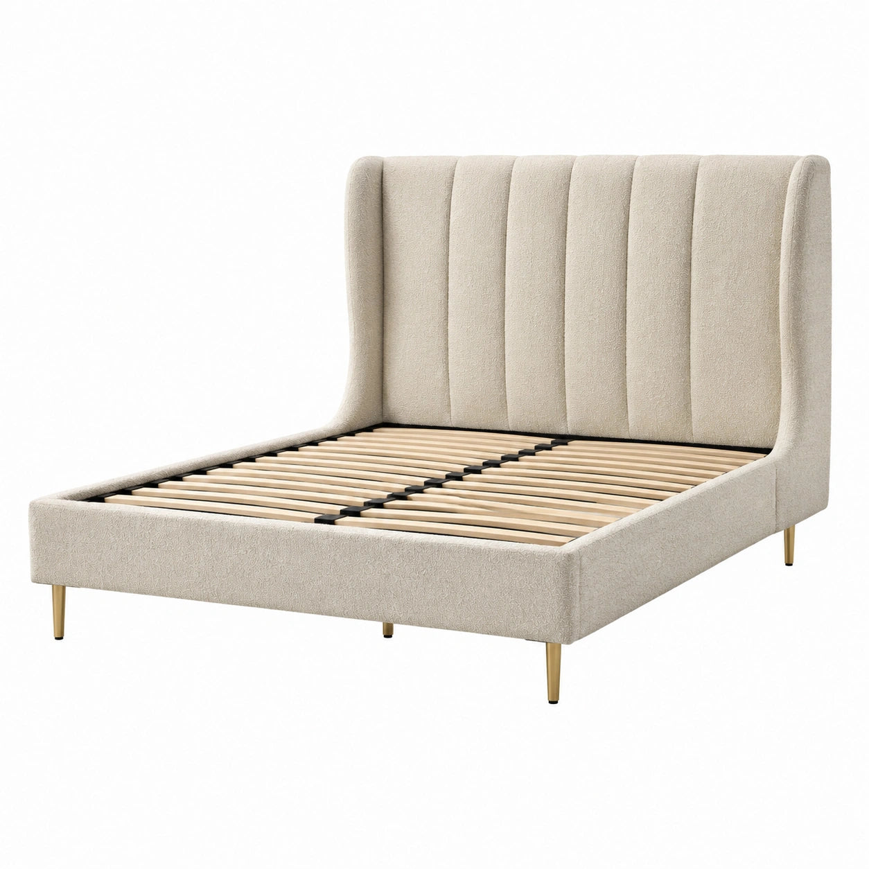 Letto matrimoniale tessuto beige con struttura in legno e gambe in metallo 200x160 cm