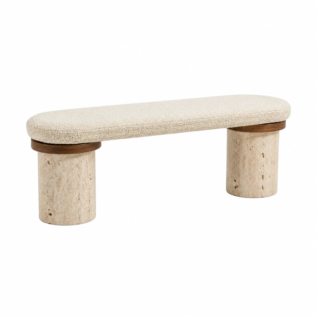 Panca in tessuto bouclé con gambe in travertino