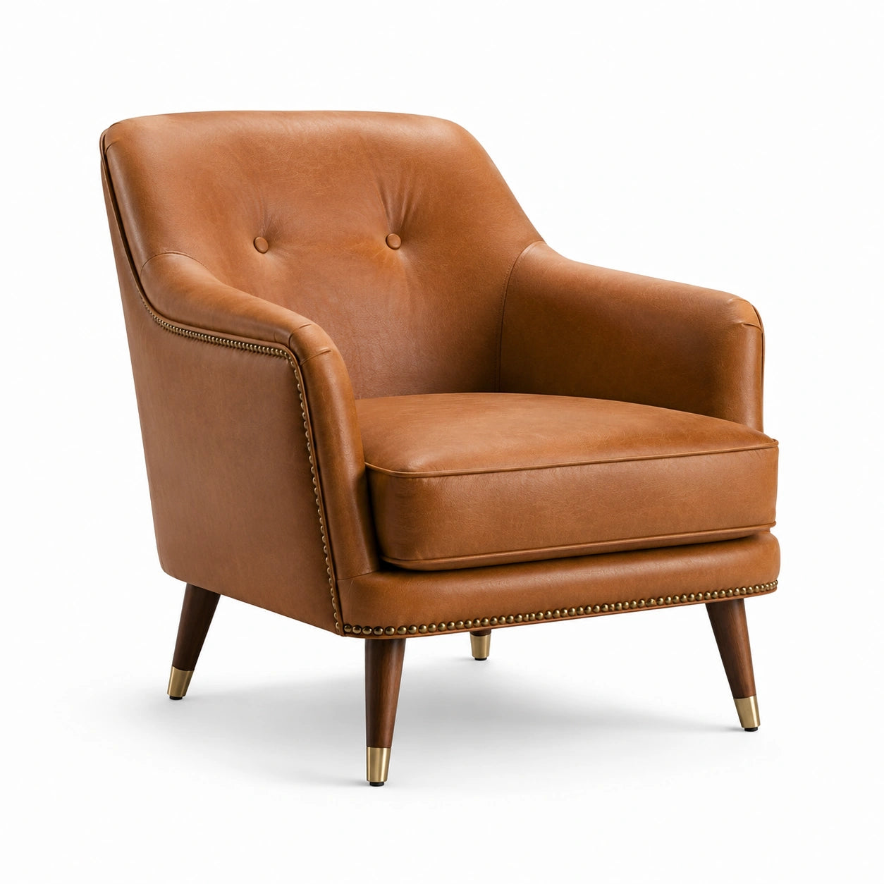 Poltrona in Pelle Sintetica Marrone con Gambe in Legno e Dettagli in Metallo
