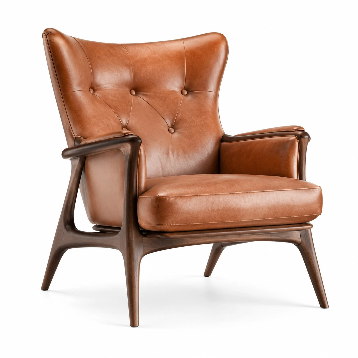 Poltrona in pelle marrone con struttura in legno massello