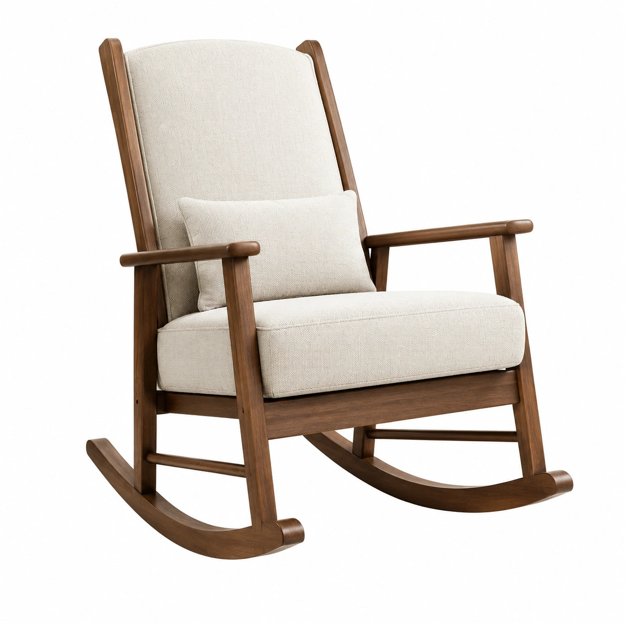 Sedia a dondolo in legno con rivestimento in tessuto crema