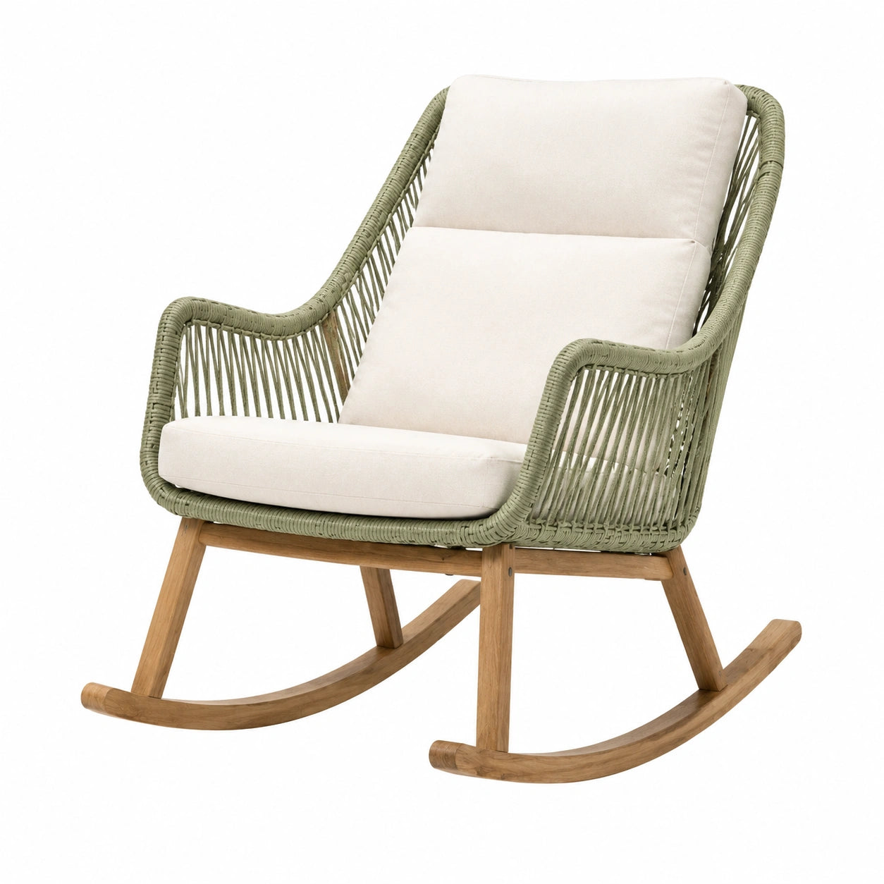 Sedia a dondolo in legno e corda con cuscini in cotone verde e beige