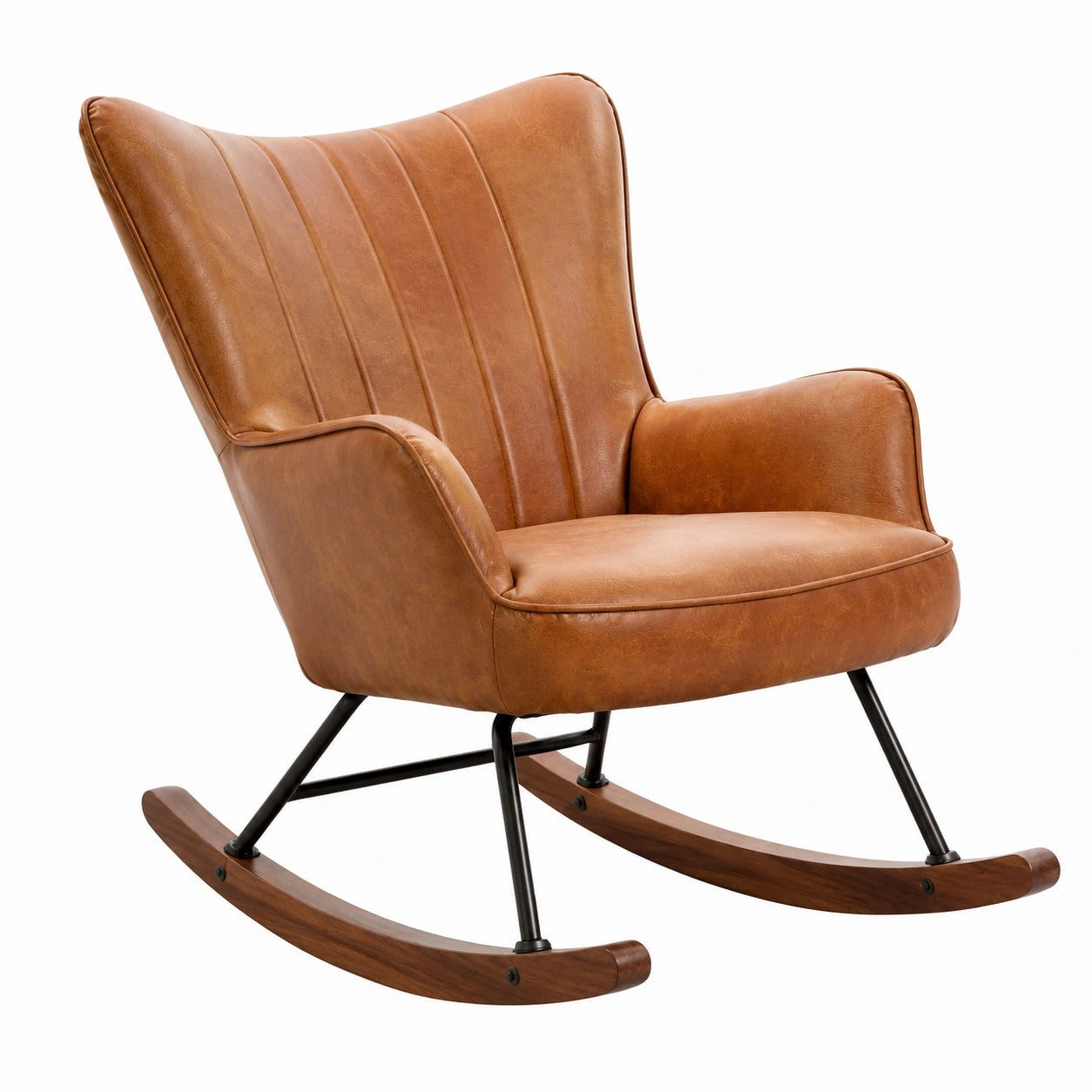 Sedia a dondolo in pelle marrone con struttura in metallo e legno